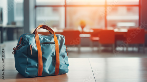 Packing a bag for work or school, morning routine, blurred background, with copy space