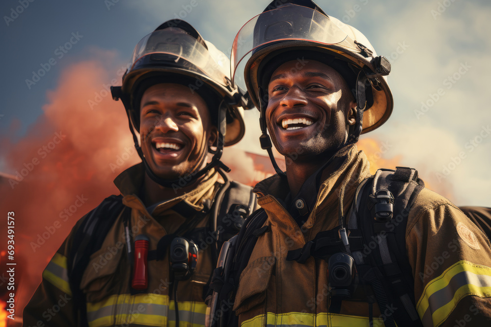 Portrait of crew of two firemen putting out fire rescuing people in burning building. Portrait of crew of two firemen putting out fire rescuing people in burning building.
