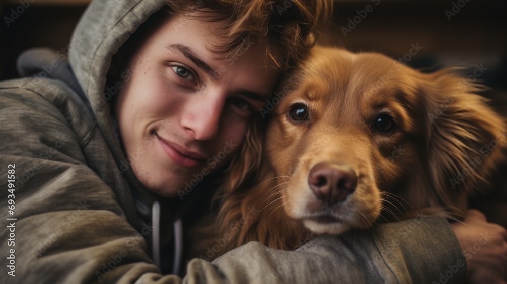 Portrait of a handsome young man hugging a dog, close-up. A faithful four-legged friend. Love for a pet.
