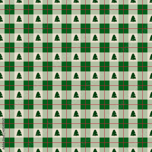 Green Christmas plaid seamless pattern with Christmas tree. Cozy winter checkered repeat background. Vector winter time traditional flannel design, Scottish ornament, check, tartan print, wallpaper.