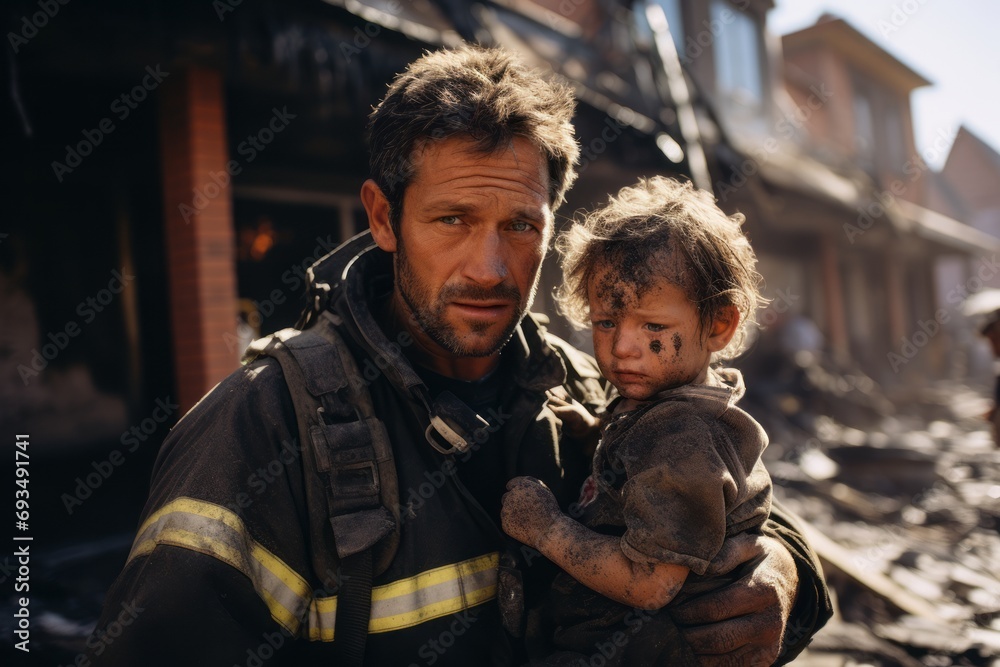 A dirty rescue firefighter rescued a child from a burning building. A male rescuer with a rescued child on the background of the ruins of a burnt-out building. Saving a child 's life .