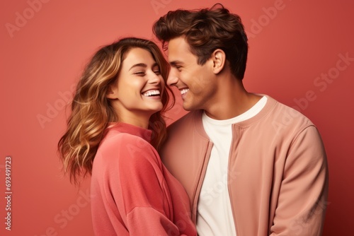 A Portrait of a Young Loving Couple on the Pink Background