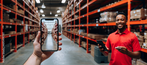A hand with a phone takes a picture of a happy African-American male manager using a phone in a warehouse