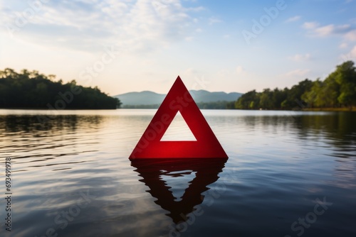 3D red recycle symbol on the beautiful landscape background. Ecology and environmental protection concept. Mockup, copy space.