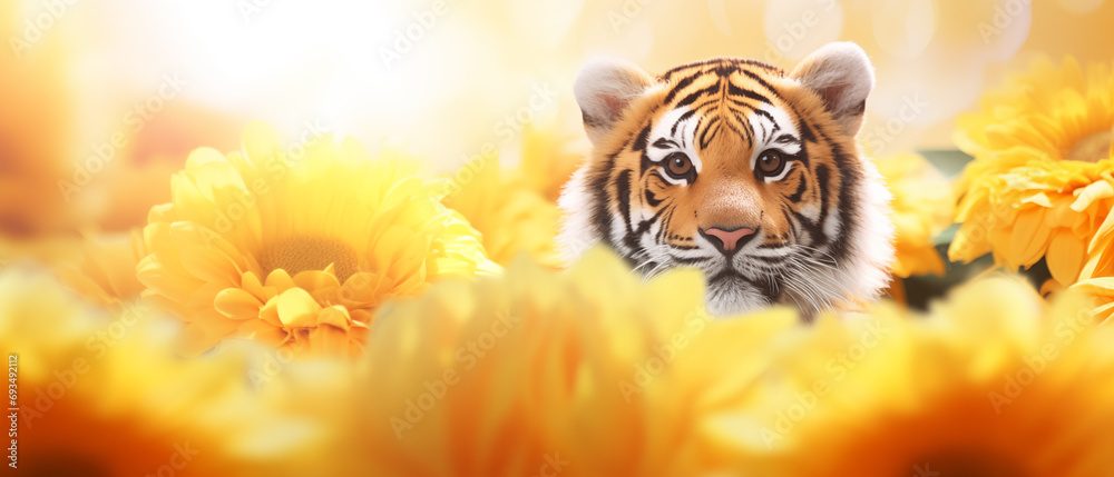 tigre e flores amarelas com luz amarela no fundo - Papel de parede - obrazy, fototapety, plakaty 