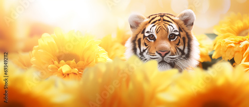 tigre e flores amarelas com luz amarela no fundo - Papel de parede photo