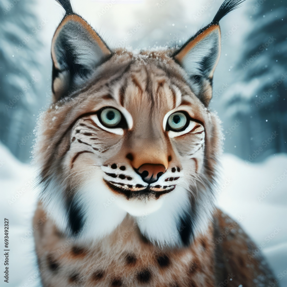 Fototapeta premium Beautiful portrait of a lynx in the winter forest.
