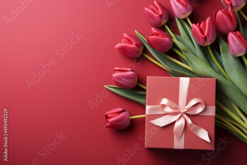 tulip flowers .red tulips on a bright red background. postcard with flowers. Mockup .Copy space . International Women's Day, Mother's Day.