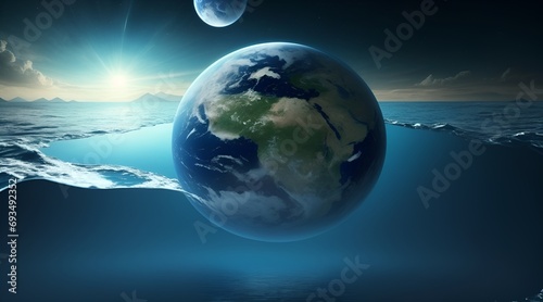 Latest world water day banner background. Astronomy Meets the Earth's Atmosphere on a Beach with a Blue Sky and Clouds. In the water-saving idea, the cleanest drinking water is used.