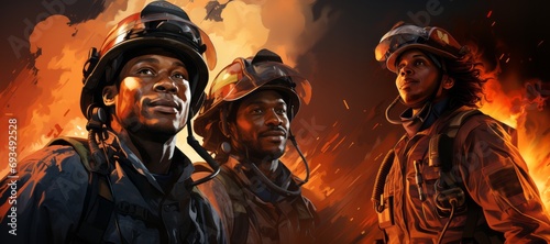 Portrait of a crew of three firefighters against a background of fire. Three friends of firefighters-rescuers in full gear close-up during the fire. 