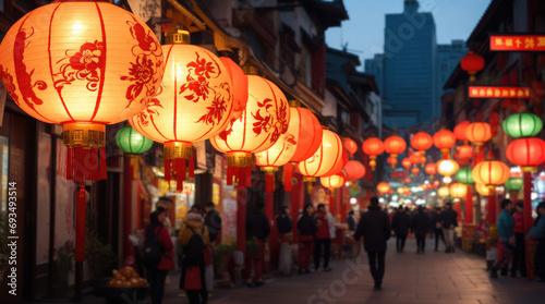 Chinese new year concept. Red, yellow lanterns are hanging in China Town on a blurry, bokeh background. Copy space for text, advertising, message, logo