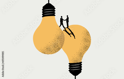 Two businessmen handshaking on connected light bulbs, business idea sharing, creativity and innovation concept, vector illustration.