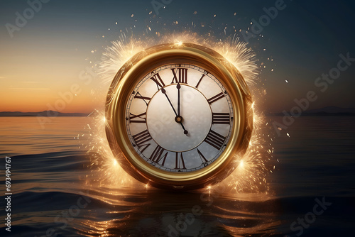  New Year's Eve, New Year, with fireworks at a clock on a lake.