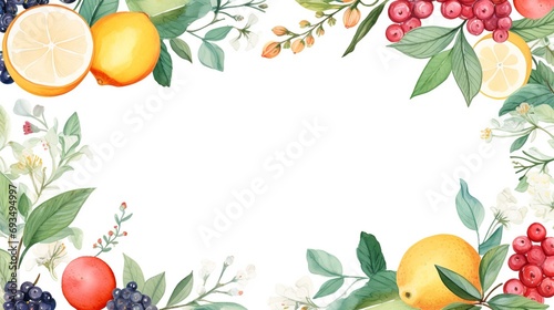 Citrus and berries watercolor border on white