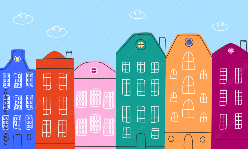 A set of doodle canal houses.Buildings pattern. Architecture of buildings line. Hand-drawn vector illustration