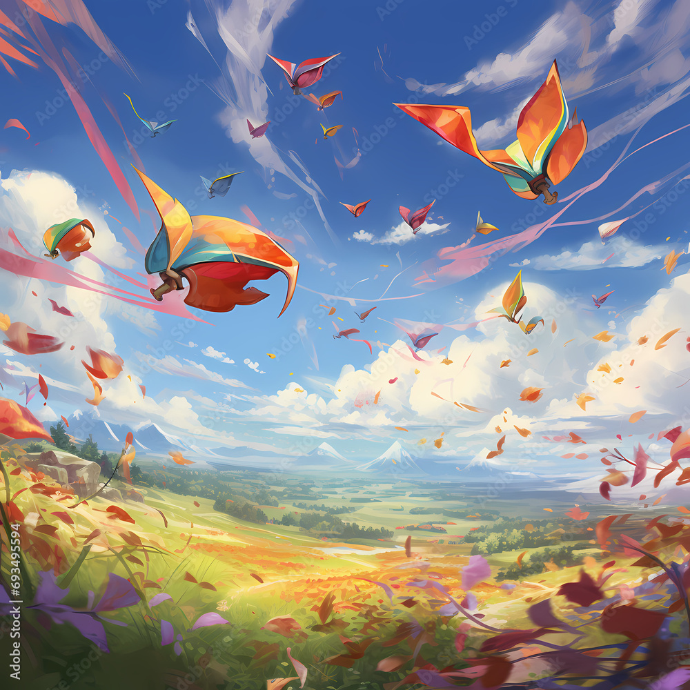 Colorful kites soaring in the sky above a meadow