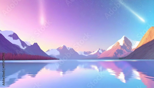 Landscape in pink and blue tones with a lake and mountains, 3D model