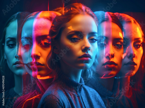 Surrealism, multiple personality disorder. Multiple identity, dissociation from reality mental illness concept. Suitable as banner for mental health awareness concept.