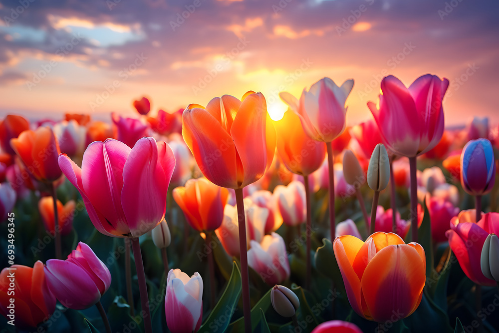 A Dreamy Scene of Pink Tulips Blooming Against a Sunset Sky and Distant Sea, Captured with a Wide-Angle Focus Lens in Unreal Engine.