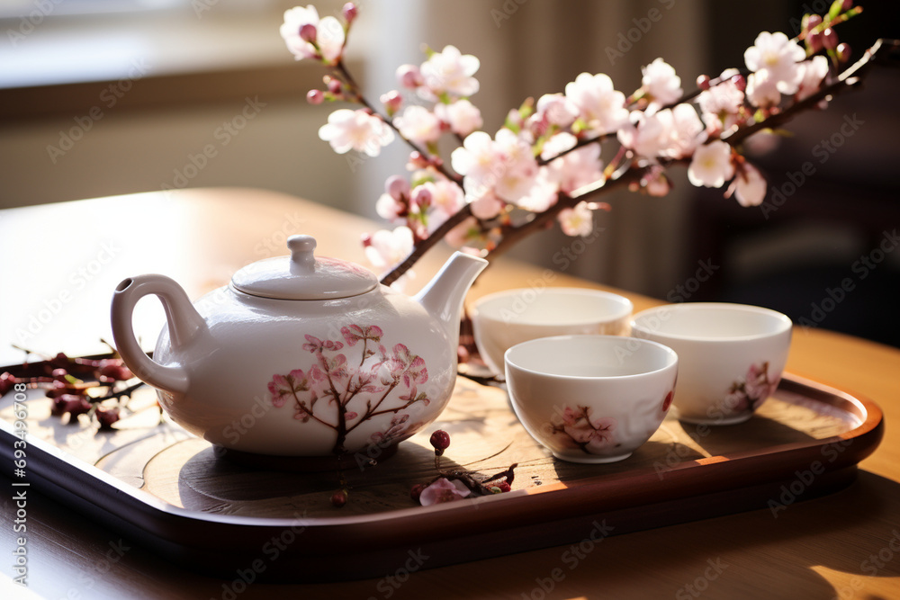 Tea Set with Blossoms: A traditional Chinese tea set surrounded by blossoming flowers, symbolizing the tranquility and harmony of the New Year. Chinese New Year, Symbols Tea Set with Blossoms: A traditional Chinese tea set surrounded by blossoming flowers, symbolizing the tranquility and harmony of the New Year. Chinese New Year, Symbols