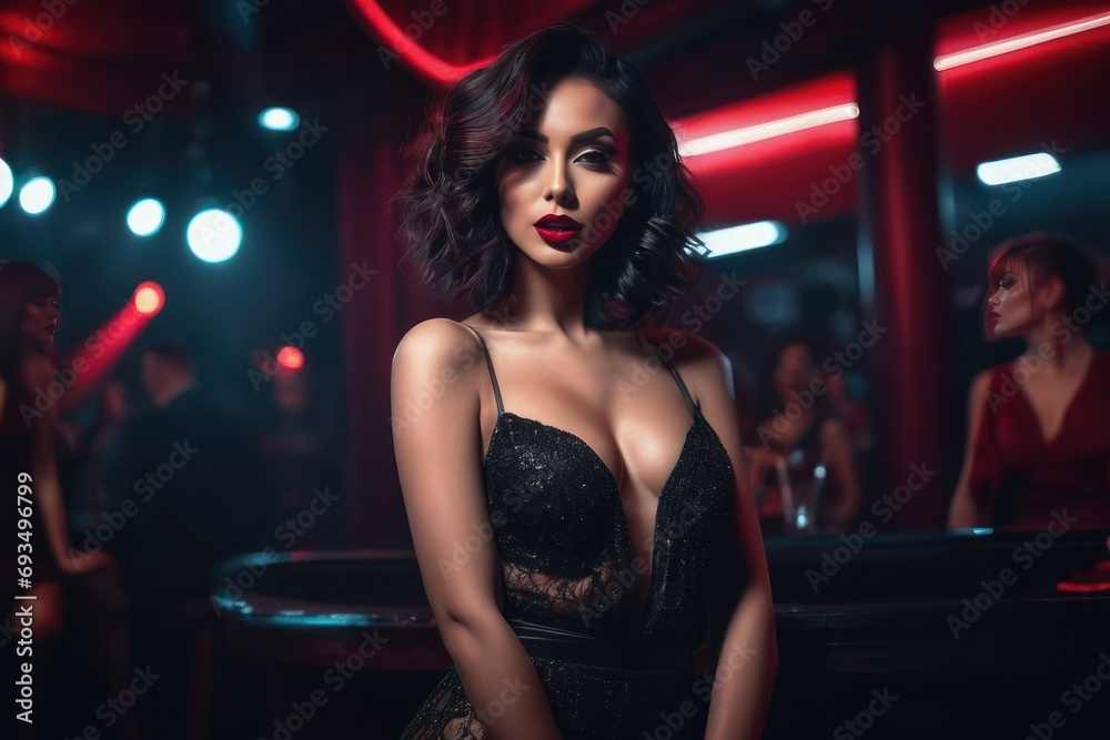 Seductive sexy lady at nightclub, cabaret style, dark muted cinematic colors. Generative AI