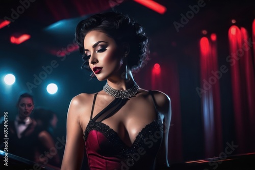 Seductive sexy lady at club  cabaret style  dark muted cinematic colors. Generative AI