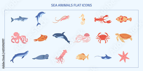 Flat sea animals icon illustration set