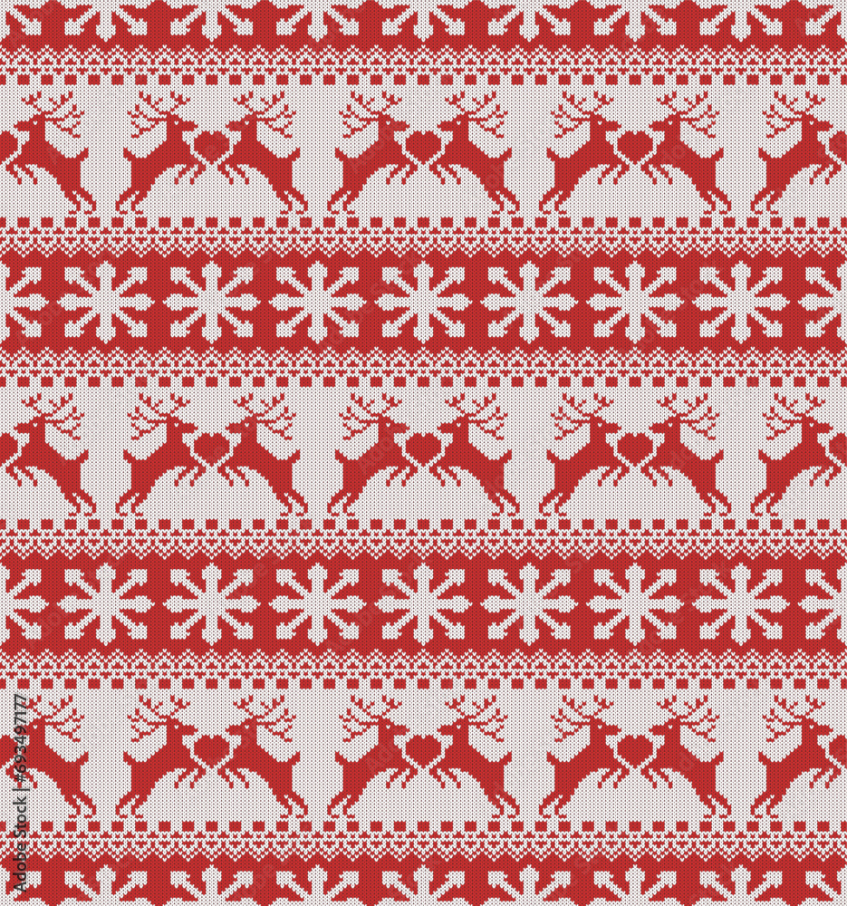 Red Deer couple holding a Big Heart in white row Knitting Seamless Pattern. Vector illustration.