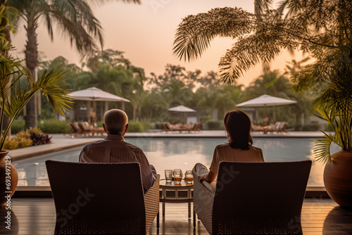 Couple enjoying beach vacation holiday at tropical resort seating on deck chairs pool side with coconut palm trees near the coast with beautiful landscape.