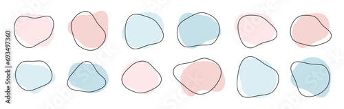 Organic amoeba blob shape abstract pink blue color with line vector illustration isolated on transparent background. Set of irregular round blot form graphic element. Doodle drops with outline circle