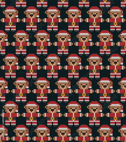 Bear dolls in Santa Claus costumes Knitting Seamless Pattern. Vector illustration.