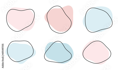 Organic amoeba blob shape abstract pink blue color with line vector illustration isolated on transparent background. Set of irregular round blot form graphic element. Doodle drops with outline circle