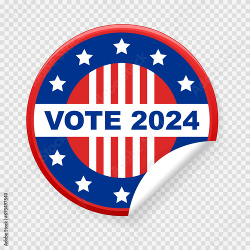 Concept of responsibility USA voting 2024 icon. Circle sticker with I voted, on American flag. Round American elections labels.