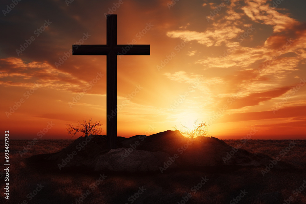 Resurrection Sunrise: A silhouette of a cross against a radiant sunrise, symbolizing the spiritual significance of Easter. Easter,
