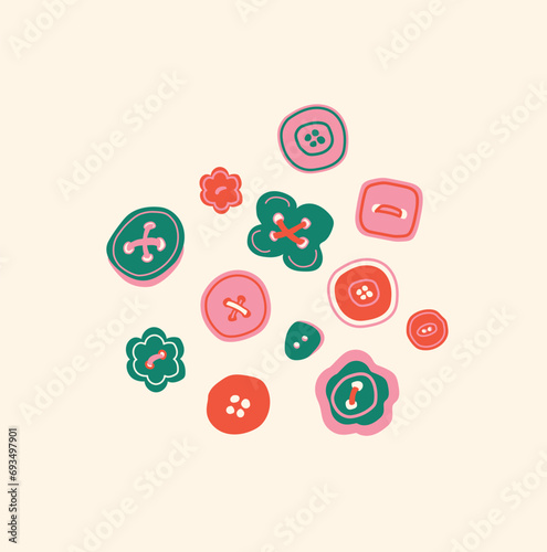 Vector set of cartoon buttons on a white background. Elements for the design of cards, banners and books in the field of creativity and hobbies. Scanlinavian style