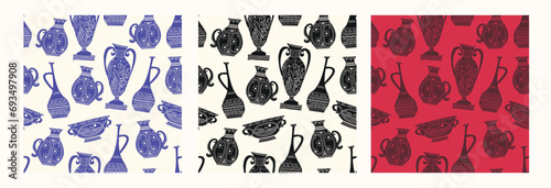 Set of vector seamless patterns with decorative ornamented vases in different colors. Patterns for the design of packaging, banners for antique stores and interior items. Scandinavian style.