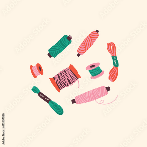 Vector cartoon set of multi-colored threads on a white background. Elements for the design of ornaments, banners of art and hobby stores, postcards and packaging. Scandinavian style