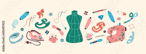 Big vector cartoon set of sewing tools elements. Threads, buttons, scissors, mannequin, patterns, sewing machine and iron. For advertising design of hobby and creative goods stores. Scandinavian style