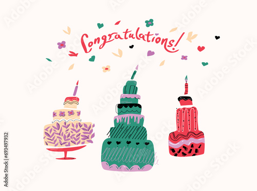 Vector illustration with three multi-colored cakes and the inscription 
