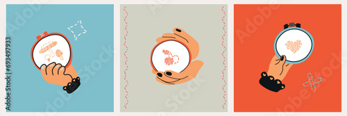 Vector set of elements on the theme of embroidery. Three cartoon hands hold a hoop with embroidery. Elements for the design of advertising brochures, postcards. Scandinavian illustration style.
