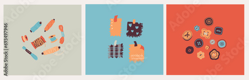Vector set of cartoon illustrations with elements for sewing, buttons, threads, scraps of fabric. Elements for the design of postcards, advertising brochures, hobby shops. Scandinavian illustration.