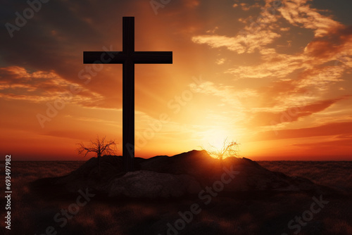 Resurrection Sunrise: A silhouette of a cross against a radiant sunrise, symbolizing the spiritual significance of Easter. Easter,