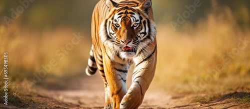 Bengal tiger strolls on sunny path. © AkuAku