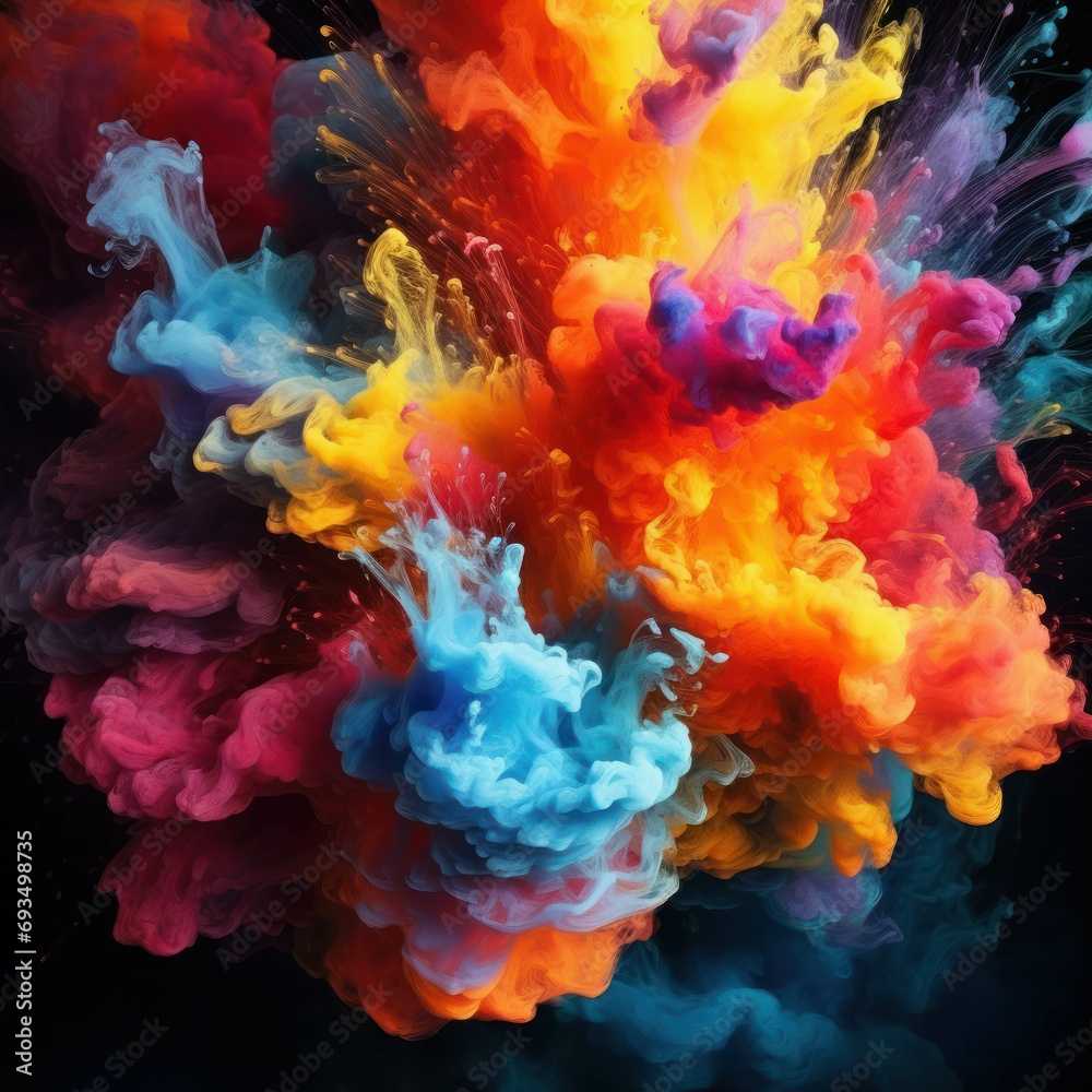 Vivid explosion of colors in paint, water, or smoke on a dark backdrop, forming an abstract and dynamic pattern. ai generative