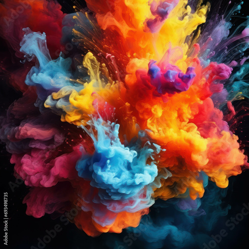 Vivid explosion of colors in paint, water, or smoke on a dark backdrop, forming an abstract and dynamic pattern. ai generative © tope007
