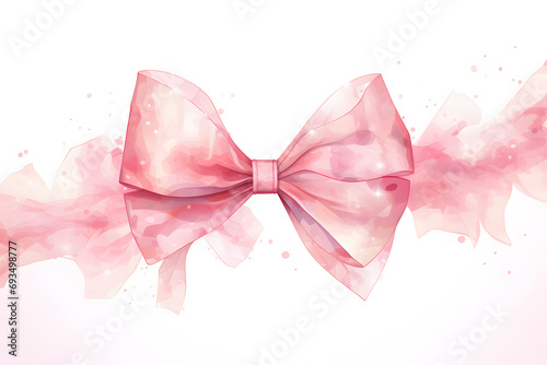 Pink bow isolated on white background watercolor illustration. 
