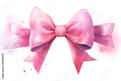 Pink bow isolated on white background watercolor illustration. 