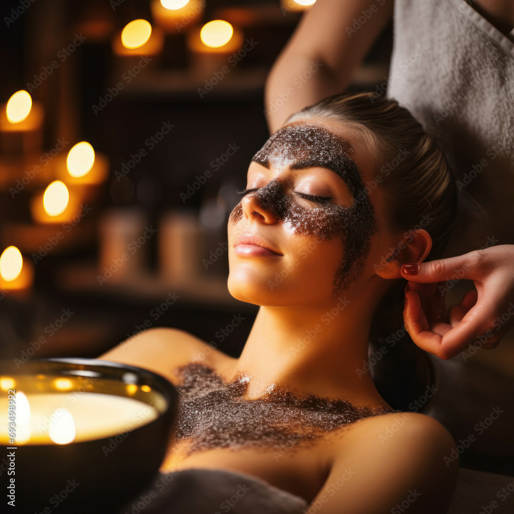 Woman receives exfoliation treatment in a luxury spa salon, surrounded by the warmth of ambient candlelight. ai generative - obrazy, fototapety, plakaty 