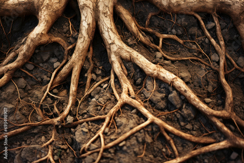 Nature s design Close-up of tree roots in brown soil  revealing an intricate underground texture. ai generative