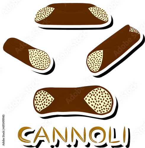 Illustration on theme big set different types sweet waffles Sicilian dessert cannoli